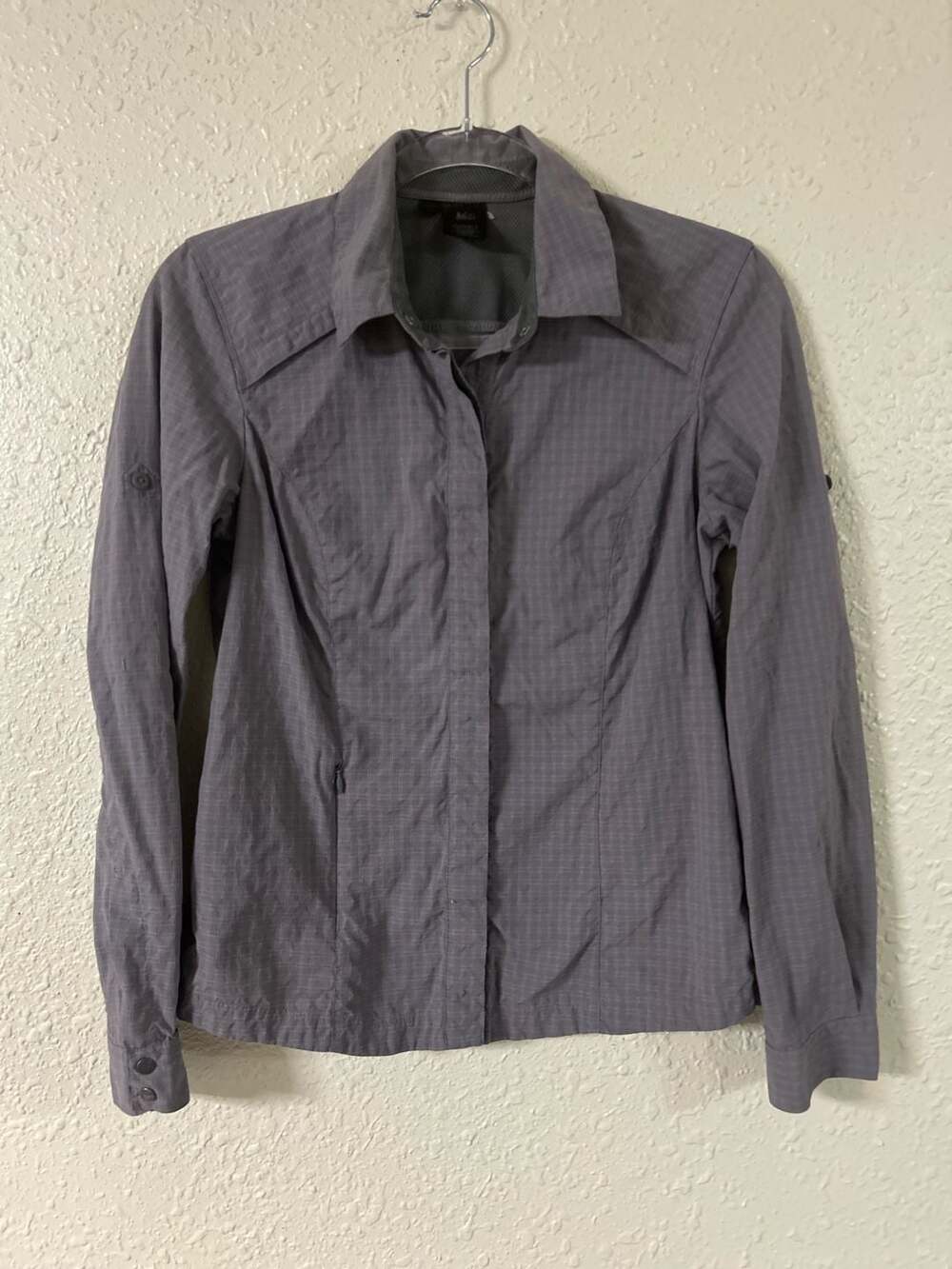 REI Womens Small Grey Plaid Long Sleeve Button Up Hiking Shirt UPF 50